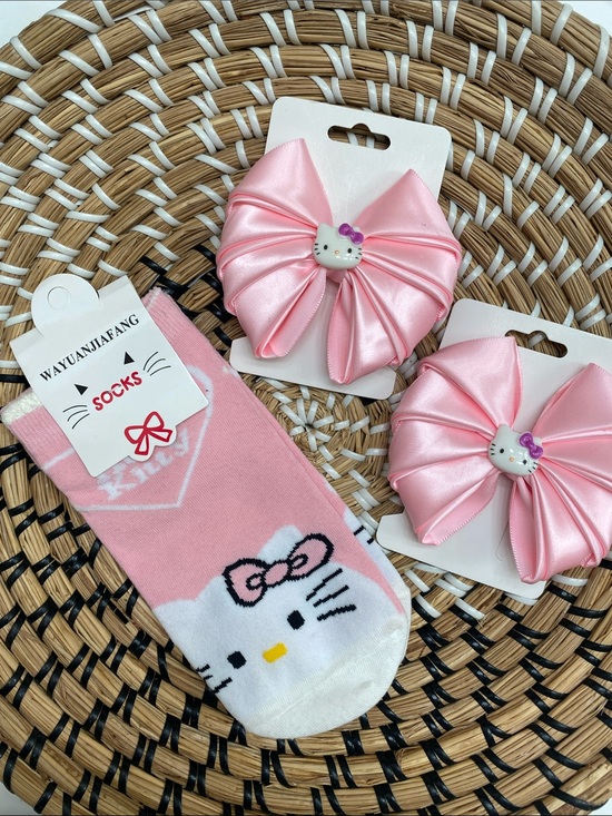 Hand Crafted Other - Pink Hello Kitty Kids Socks and Bow Hair Clips Bundle